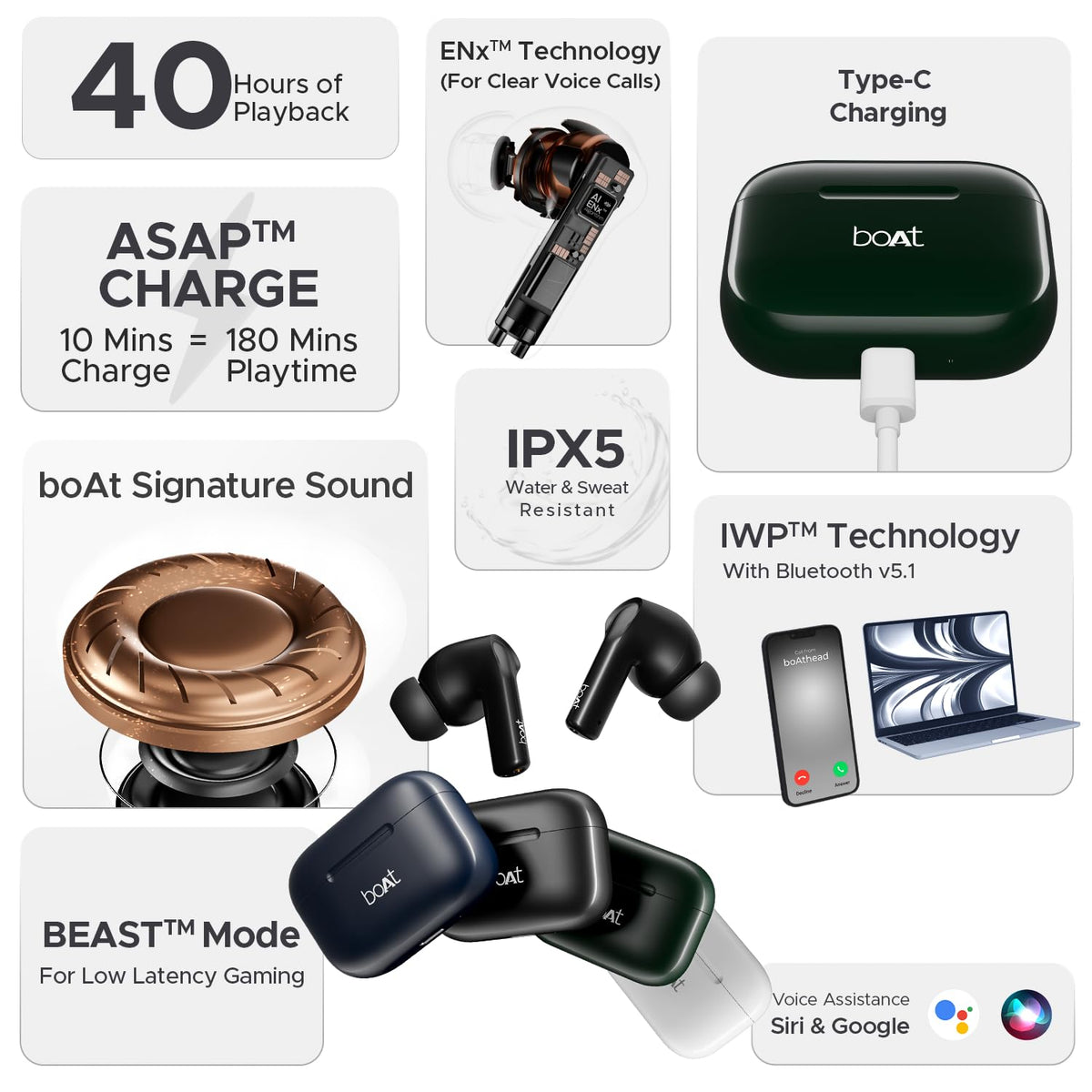 boAt Airdopes 163 in Ear Earbuds with 40 HRS Battery, Fast Charge, 13mm Drivers, IPX5, Quick Touch Response Control (Active Black)