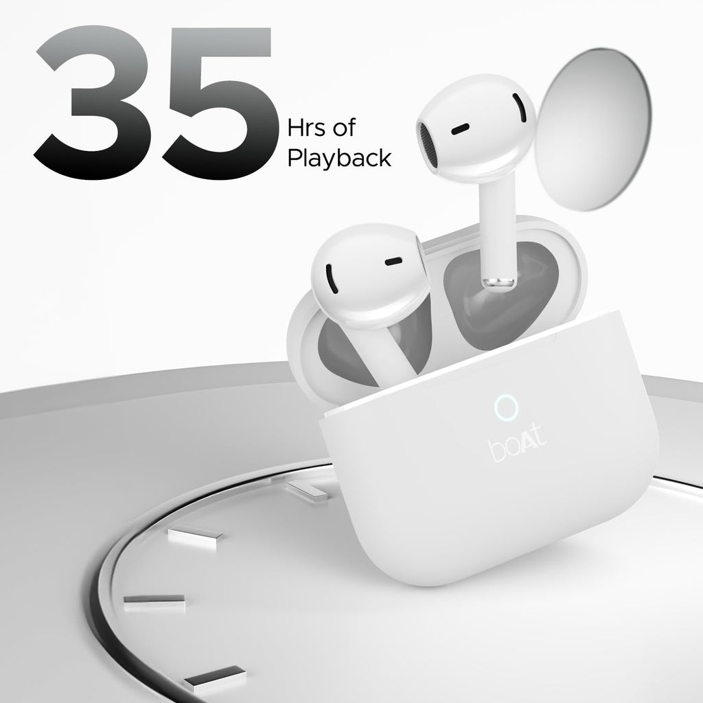 boAt Airdopes Joy, 35Hrs Battery, Fast Charge, IWP Tech, Low Latency, 2Mic ENx, Type-C Port, v5.3 Bluetooth Earbuds, TWS Ear Buds Wireless Earphones with mic (Swedish White)