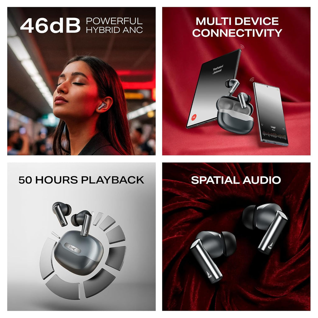 boAt Airdopes Prime 701 ANC, 46dB Hybrid ANC, 50Hr Battery, Real Spatial Audio,Multidevice Connect,App Support, Bluetooth Earbuds, TWS Ear Buds Wireless Earphones with mic (Obsidian Black)