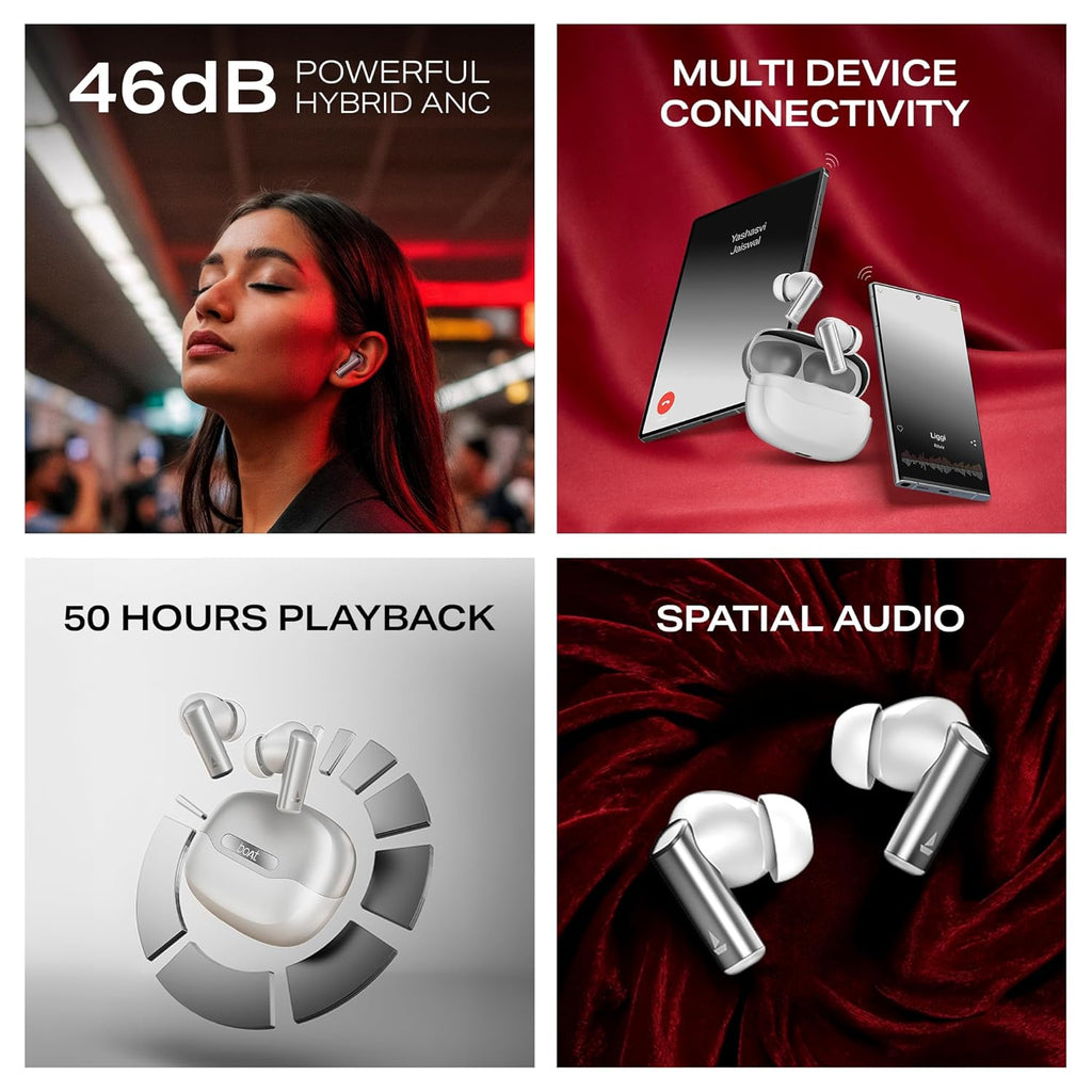 boAt Airdopes Prime 701 ANC, 46dB Hybrid ANC, 50Hr Battery, Real Spatial Audio,Multidevice Connect,App Support, Bluetooth Earbuds, TWS Ear Buds Wireless Earphones with mic (Zinc White)