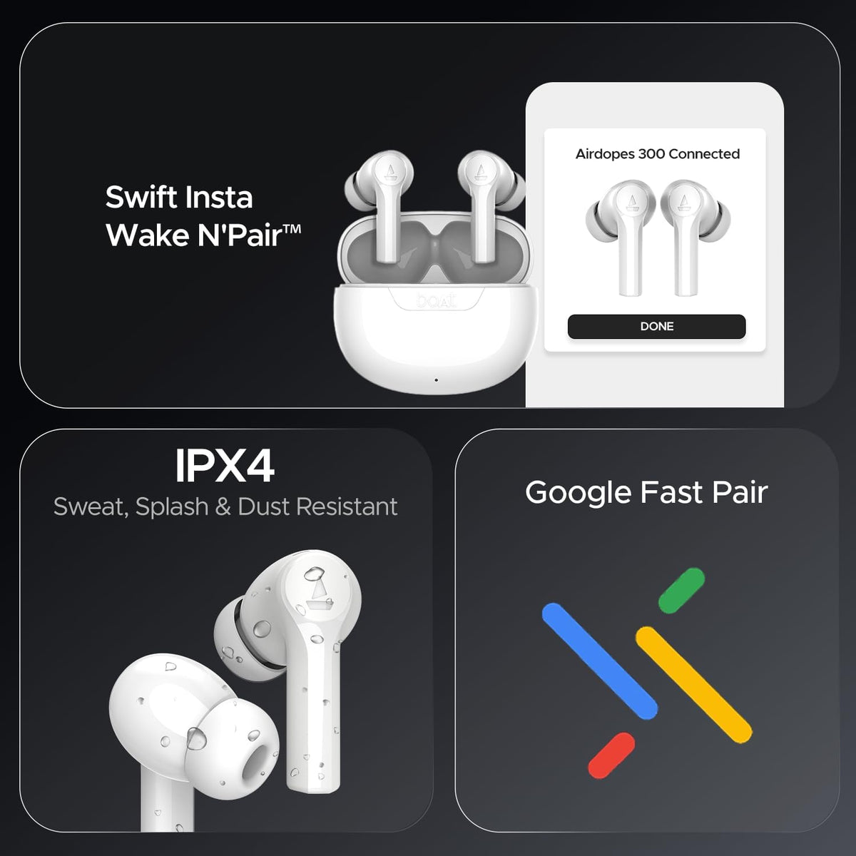 boAt Airdopes 300, Cinematic Spatial Audio, 50HRS Battery, 4Mic AI ENx, Fast Charge, App Support, Low Latency, IPX4, v5.3 Bluetooth Earbuds, TWS Ear Buds Wireless Earphones with mic (Chrome White)