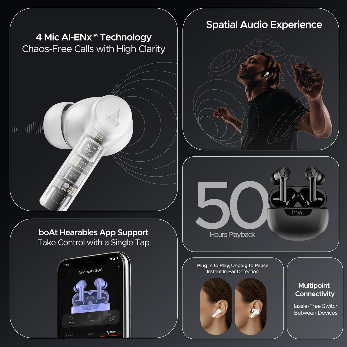 boAt Airdopes 300, Cinematic Spatial Audio, 50HRS Battery, 4Mic AI ENx, Fast Charge, App Support, Low Latency, IPX4, v5.3 Bluetooth Earbuds, TWS Ear Buds Wireless Earphones with mic (Chrome White)