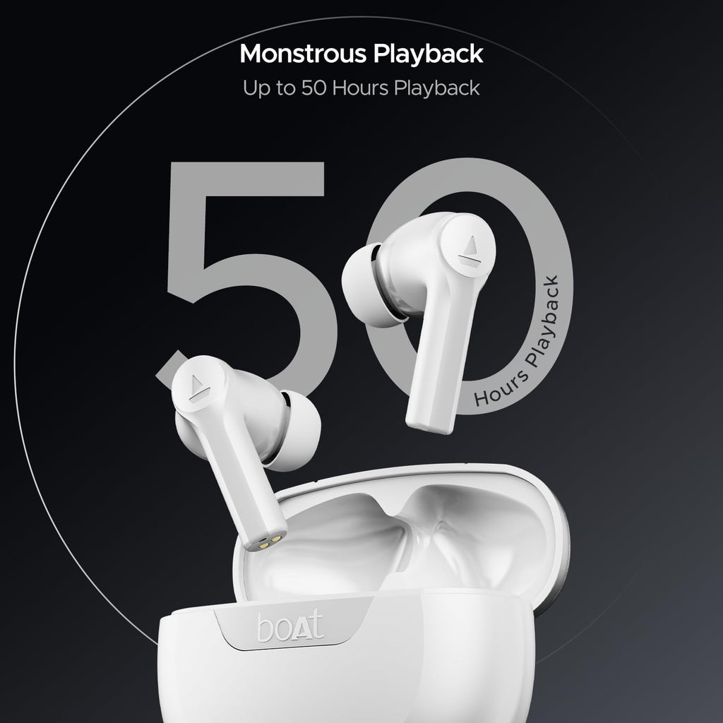 boAt Airdopes 300, Cinematic Spatial Audio, 50HRS Battery, 4Mic AI ENx, Fast Charge, App Support, Low Latency, IPX4, v5.3 Bluetooth Earbuds, TWS Ear Buds Wireless Earphones with mic (Chrome White)