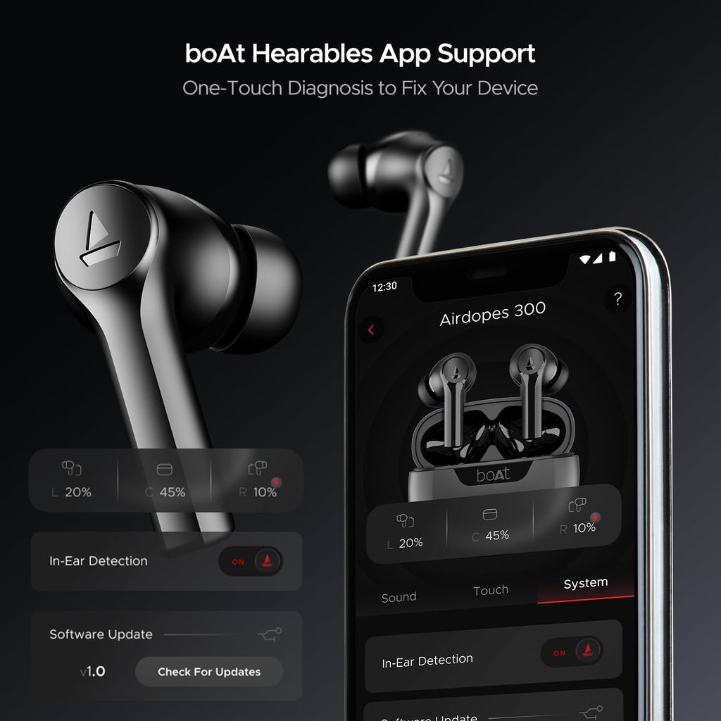 boAt Airdopes 300, Cinematic Spatial Audio, 50HRS Battery, 4Mic AI ENx, Fast Charge, App Support, Low Latency, IPX4, v5.3 Bluetooth Earbuds, TWS Ear Buds Wireless Earphones with mic (Gunmetal Black)