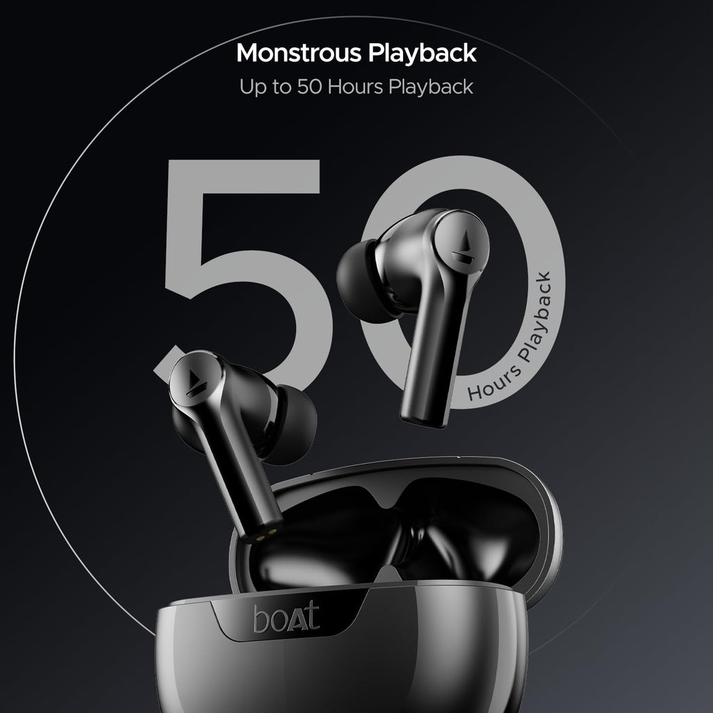 boAt Airdopes 300, Cinematic Spatial Audio, 50HRS Battery, 4Mic AI ENx, Fast Charge, App Support, Low Latency, IPX4, v5.3 Bluetooth Earbuds, TWS Ear Buds Wireless Earphones with mic (Gunmetal Black)