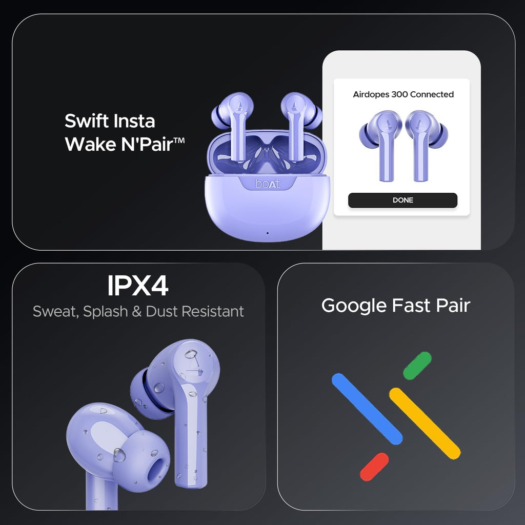 boAt Airdopes 300, Cinematic Spatial Audio, 50HRS Battery, 4Mic AI ENx, Fast Charge, App Support, Low Latency, IPX4, v5.3 Bluetooth Earbuds, TWS Ear Buds Wireless Earphones with mic (Purple Haze)