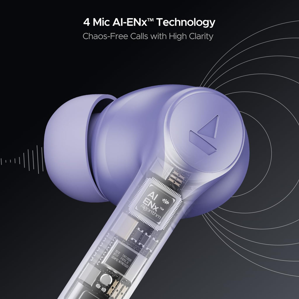 boAt Airdopes 300, Cinematic Spatial Audio, 50HRS Battery, 4Mic AI ENx, Fast Charge, App Support, Low Latency, IPX4, v5.3 Bluetooth Earbuds, TWS Ear Buds Wireless Earphones with mic (Purple Haze)