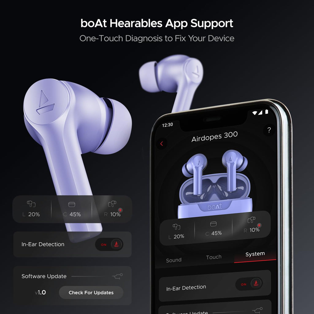 boAt Airdopes 300, Cinematic Spatial Audio, 50HRS Battery, 4Mic AI ENx, Fast Charge, App Support, Low Latency, IPX4, v5.3 Bluetooth Earbuds, TWS Ear Buds Wireless Earphones with mic (Purple Haze)