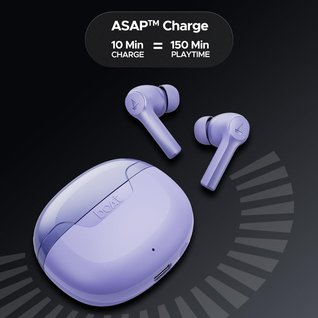 boAt Airdopes 300, Cinematic Spatial Audio, 50HRS Battery, 4Mic AI ENx, Fast Charge, App Support, Low Latency, IPX4, v5.3 Bluetooth Earbuds, TWS Ear Buds Wireless Earphones with mic (Purple Haze)