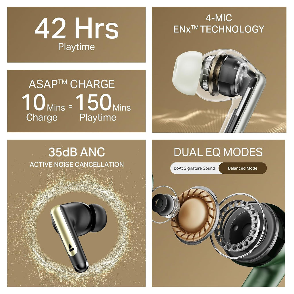 boAt Airdopes 141 Elite ANC, ANC(~35dB), 4Mics ENx Tech, 42H Battery, Fast Charge,Stream Ad Free Music via App Support, IPX5, Bluetooth Earbuds, TWS Ear Buds Wireless Earphones with mic (Green)
