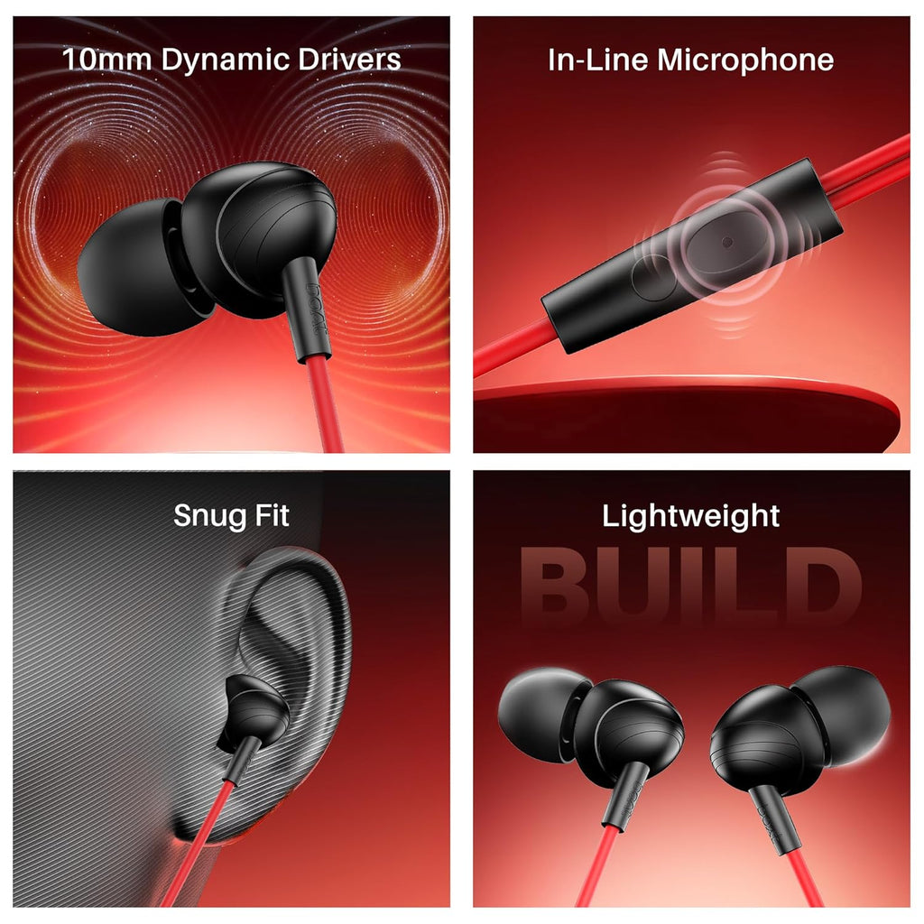 boAt Bassheads 211 Wired Earphones with 10mm Drivers, Signature Sound, in-Line Microphone, 3.5mm Jack, Voice Assistant & 120cm Cables (Raging Black)