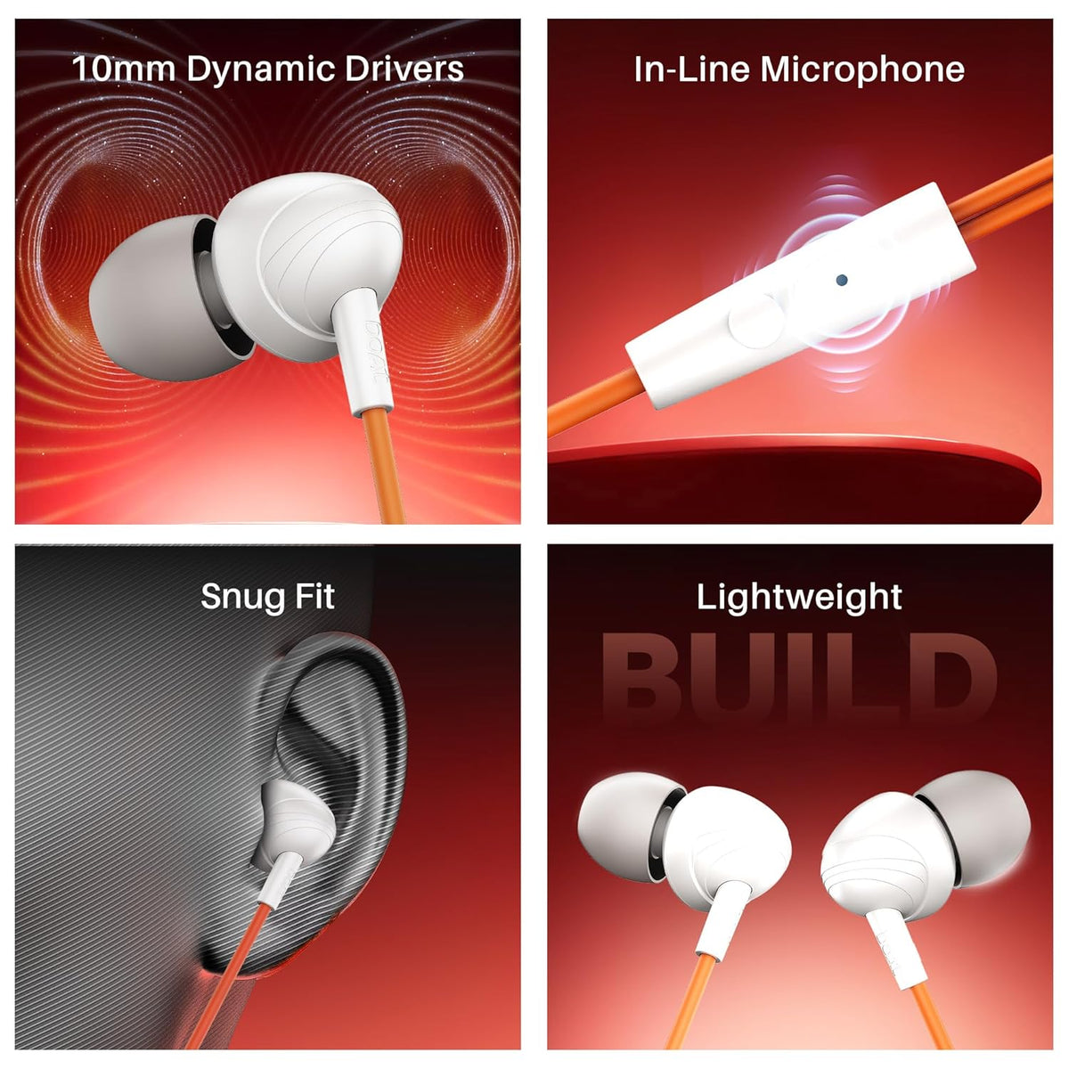 boAt Bassheads 211 Wired Earphones with 10mm Drivers, Signature Sound, in-Line Microphone, 3.5mm Jack, Voice Assistant & 120cm Cables (Off White Orange)