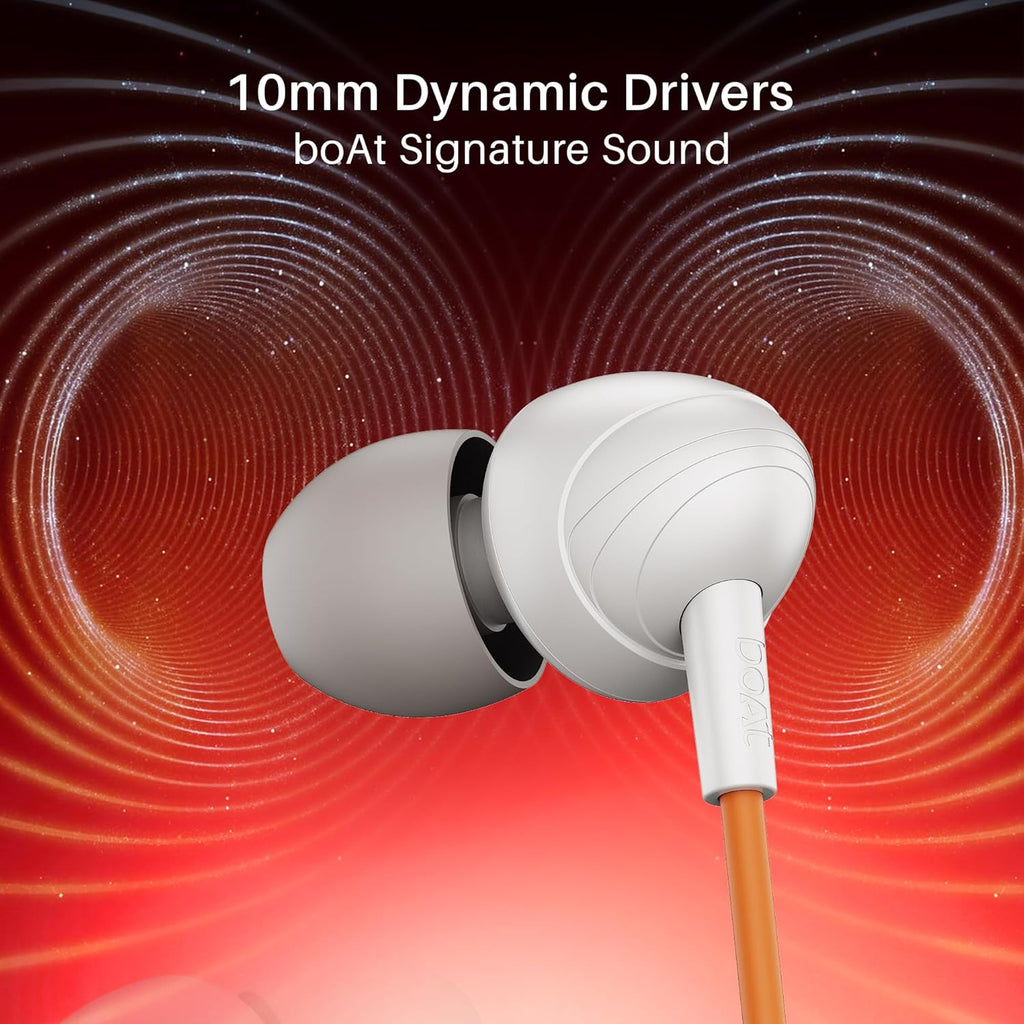 boAt Bassheads 211 Wired Earphones with 10mm Drivers, Signature Sound, in-Line Microphone, 3.5mm Jack, Voice Assistant & 120cm Cables (Off White Orange)
