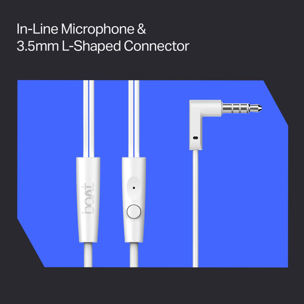 boAt Bassheads 213L, 10mm Drivers, Signature Sound, in-Line Microphone, Integrated Controls, 3.5mm L-Shaped Connector & 120cm Braided Cable Wired Earphones with Mic (Active White)