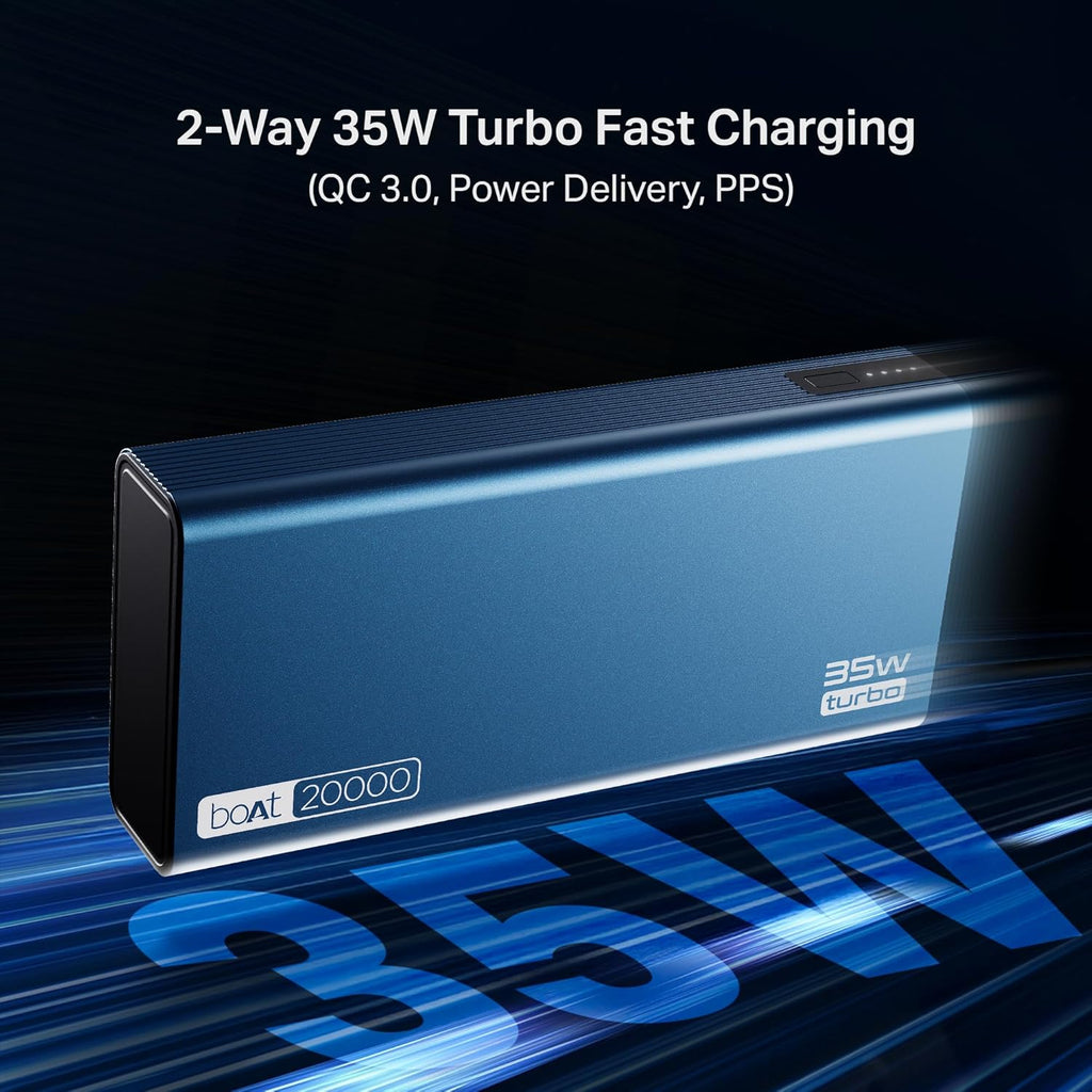boAt Energyshroom PB435 20000 mAh 35W Super Fast Charging Power Bank, Smart 12 Layer Protection (4X Output Ports, Supports Android, iPhone, Tablets, Earbuds, etc.) (Navy Blue)