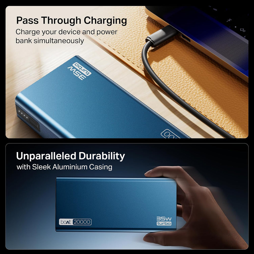 boAt Energyshroom PB435 20000 mAh 35W Super Fast Charging Power Bank, Smart 12 Layer Protection (4X Output Ports, Supports Android, iPhone, Tablets, Earbuds, etc.) (Navy Blue)