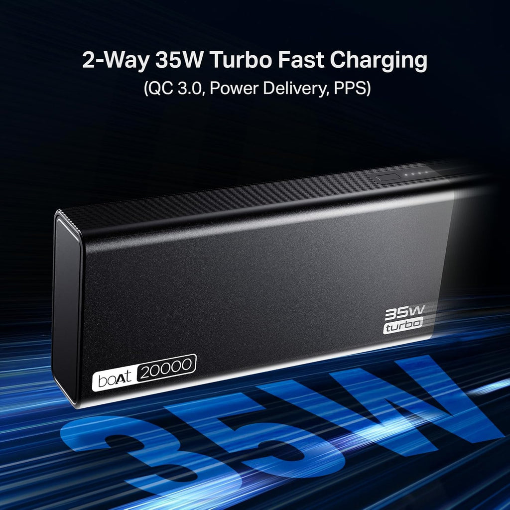 boAt Energyshroom PB435 20000 mAh 35W Super Fast Charging Power Bank, Smart 12 Layer Protection (4X Output Ports, Supports Android, iPhone, Tablets, Earbuds, etc.) (Onyx Black)