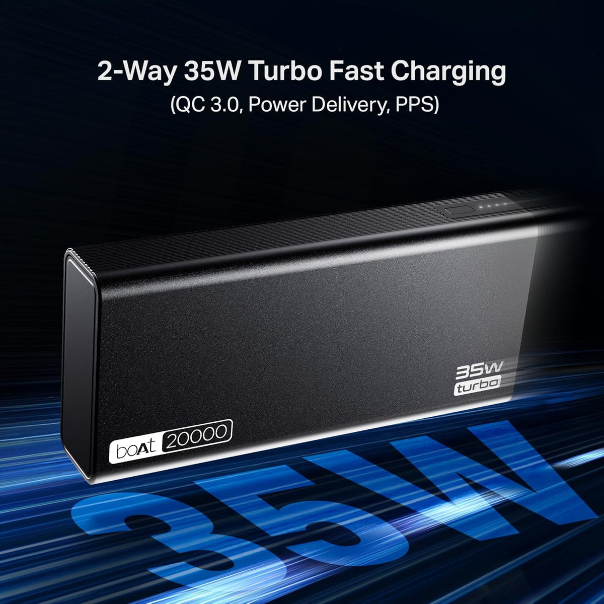 boAt Energyshroom PB435 20000 mAh 35W Super Fast Charging Power Bank, Smart 12 Layer Protection (4X Output Ports, Supports Android, iPhone, Tablets, Earbuds, etc.) (Onyx Black)