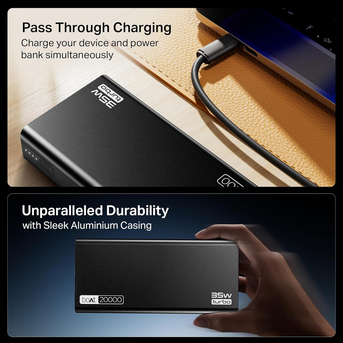 boAt Energyshroom PB435 20000 mAh 35W Super Fast Charging Power Bank, Smart 12 Layer Protection (4X Output Ports, Supports Android, iPhone, Tablets, Earbuds, etc.) (Onyx Black)