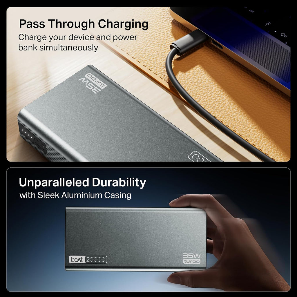 boAt Energyshroom PB435 20000 mAh 35W Super Fast Charging Power Bank, Smart 12 Layer Protection (4X Output Ports, Supports Android, iPhone, Tablets, Earbuds, etc.) (Stone Grey)