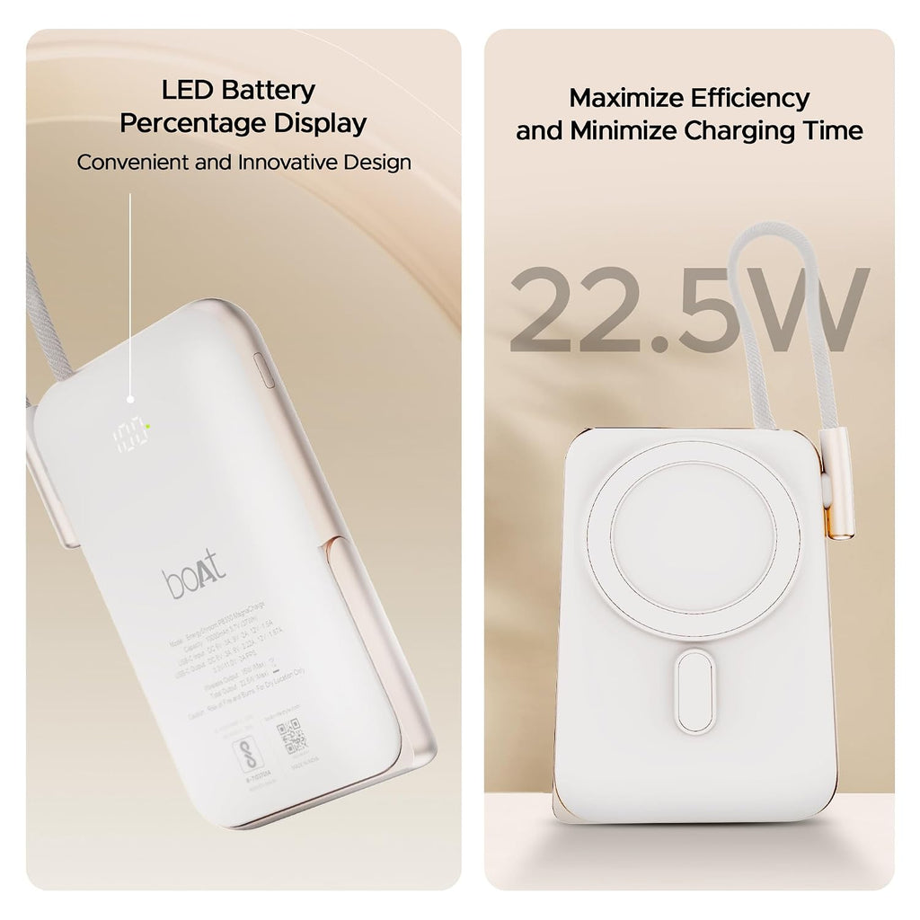 boAt Energyshroom PB330 MagnaCharge 10000 mAh Magnetic Wireless Power Bank w/ 15W Wireless Charging, Metal Stand,Magnacharge Ring for iPhone and Android Phones w/Wireless Charge(White)