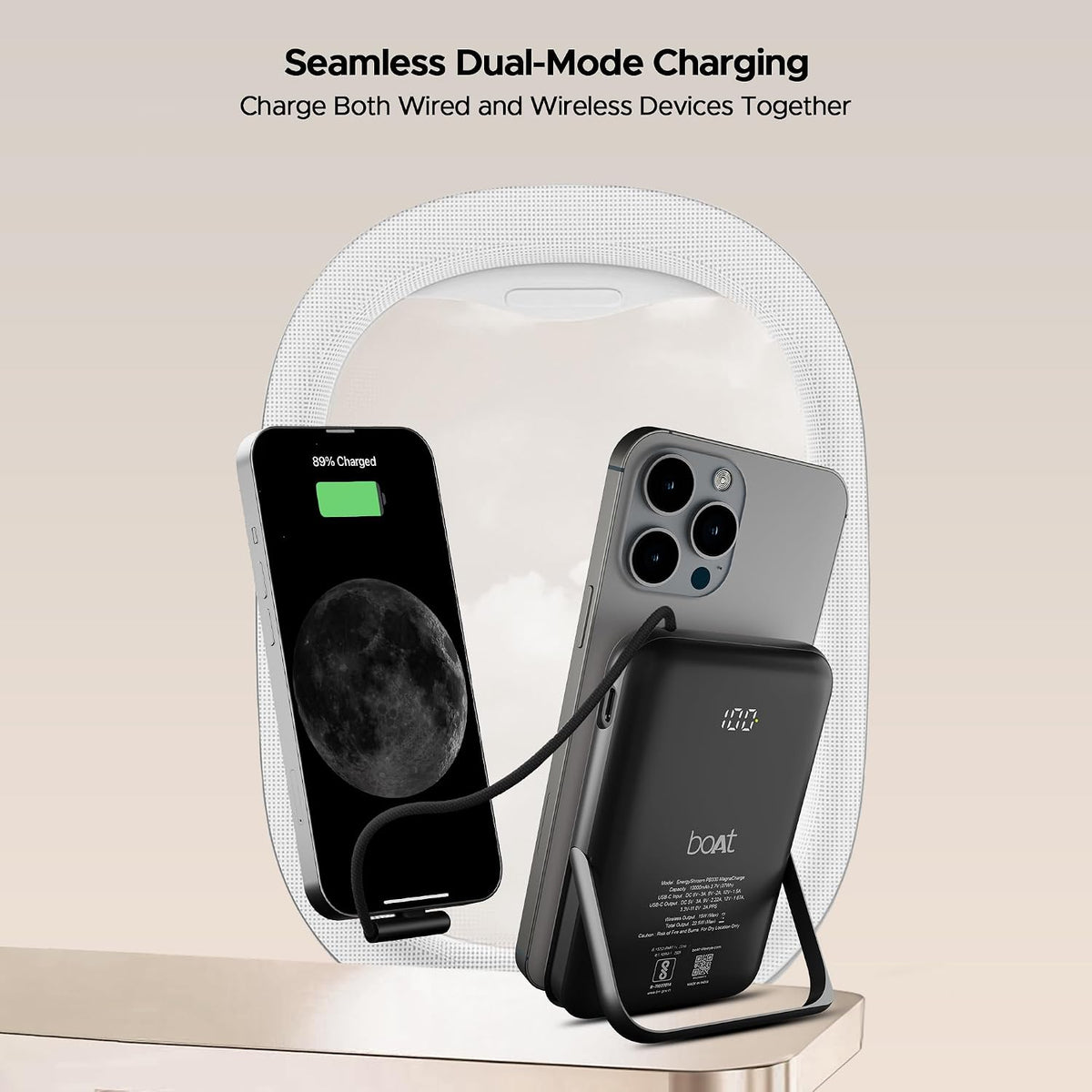 boAt Energyshroom PB330 MagnaCharge 10000 mAh Magnetic Wireless Power Bank w/ 15W Wireless Charging, Metal Stand,Magnacharge Ring for iPhone and Android Phones w/Wireless Charge(White)