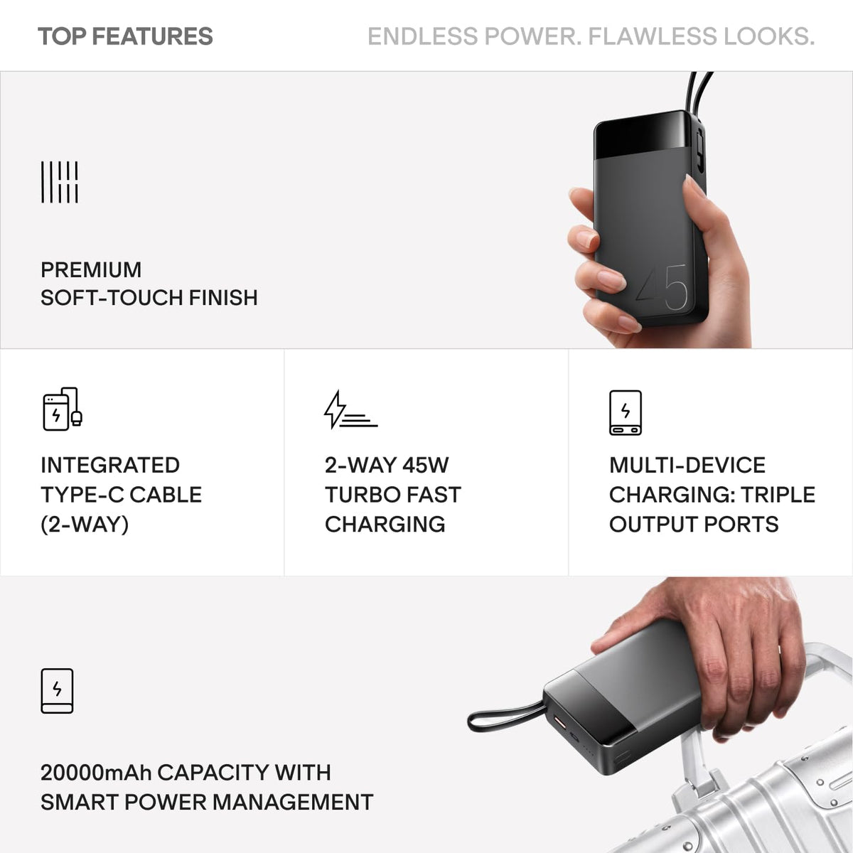 boAt New Launch Apex PB445; in-Built Type-C Cable; 20000 mAh 2-Way PD 45W Fast Charging Powerbank with Triple Output; Premium Finish; for Android, iPhone 17/16/Pro, Samsung, iPad (Phantom Black)