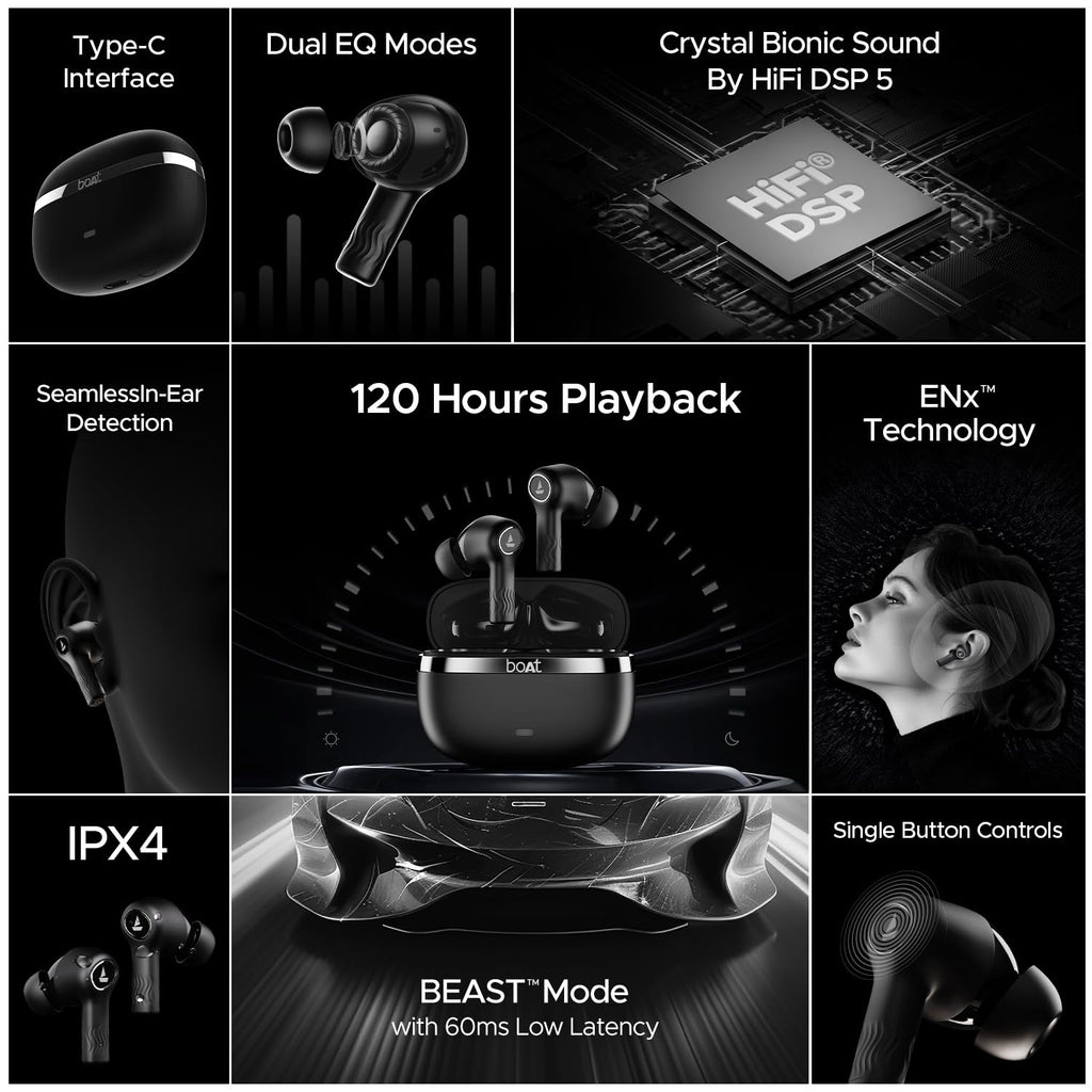 boAt Nirvana Ion, 120HRS Battery, Crystal Bionic Sound w/Dual EQ Modes, 4Mics ENx, App Support, Low Latency, IPX4, v.5.2 Bluetooth Earbuds, TWS Ear Buds Wireless Earphones with mic (Charcoal Black)