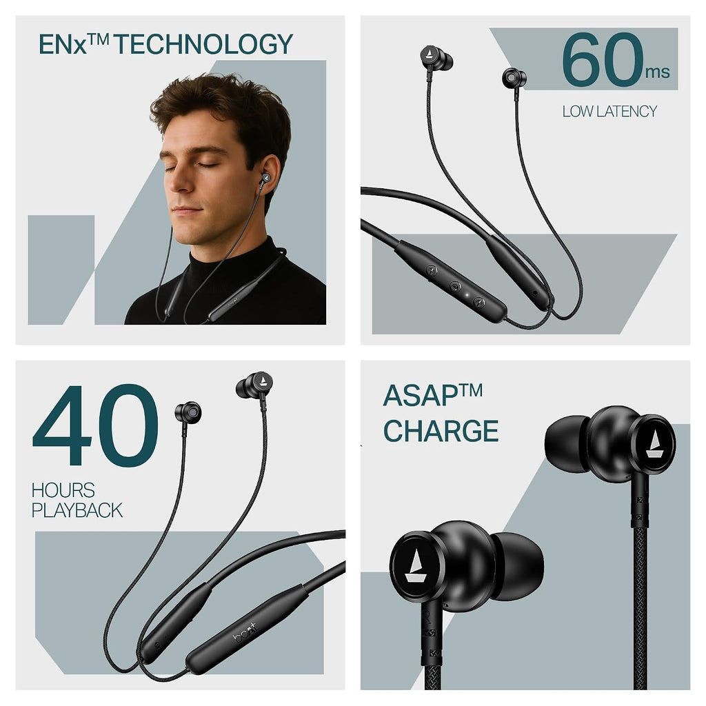 boAt Rockerz 113, 40 Hours Battery, Dual Pair, Fast Charge, ENx Technology, App Support, Magnetic Buds, Bluetooth Neckband, Wireless in Ear Earphones with Mic (Active Black)