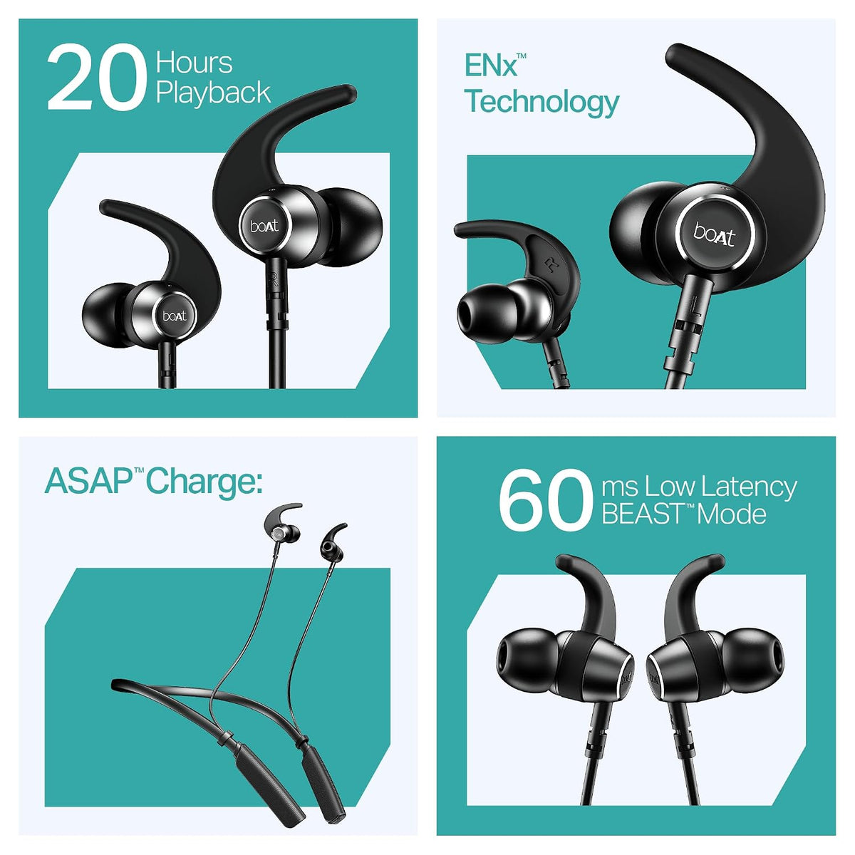 boAt Rockerz 202, ENx Tech, 20H Battery, in Ear, Dual Pair, Fast Charge, Magnetic Buds, Stream Ad Free Music via App Support, Bluetooth Neckband, Wireless with Mic Earphones (Active Black)