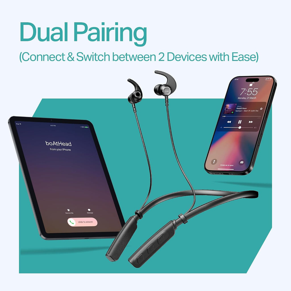 boAt Rockerz 202, ENx Tech, 20H Battery, in Ear, Dual Pair, Fast Charge, Magnetic Buds, Stream Ad Free Music via App Support, Bluetooth Neckband, Wireless with Mic Earphones (Active Black)