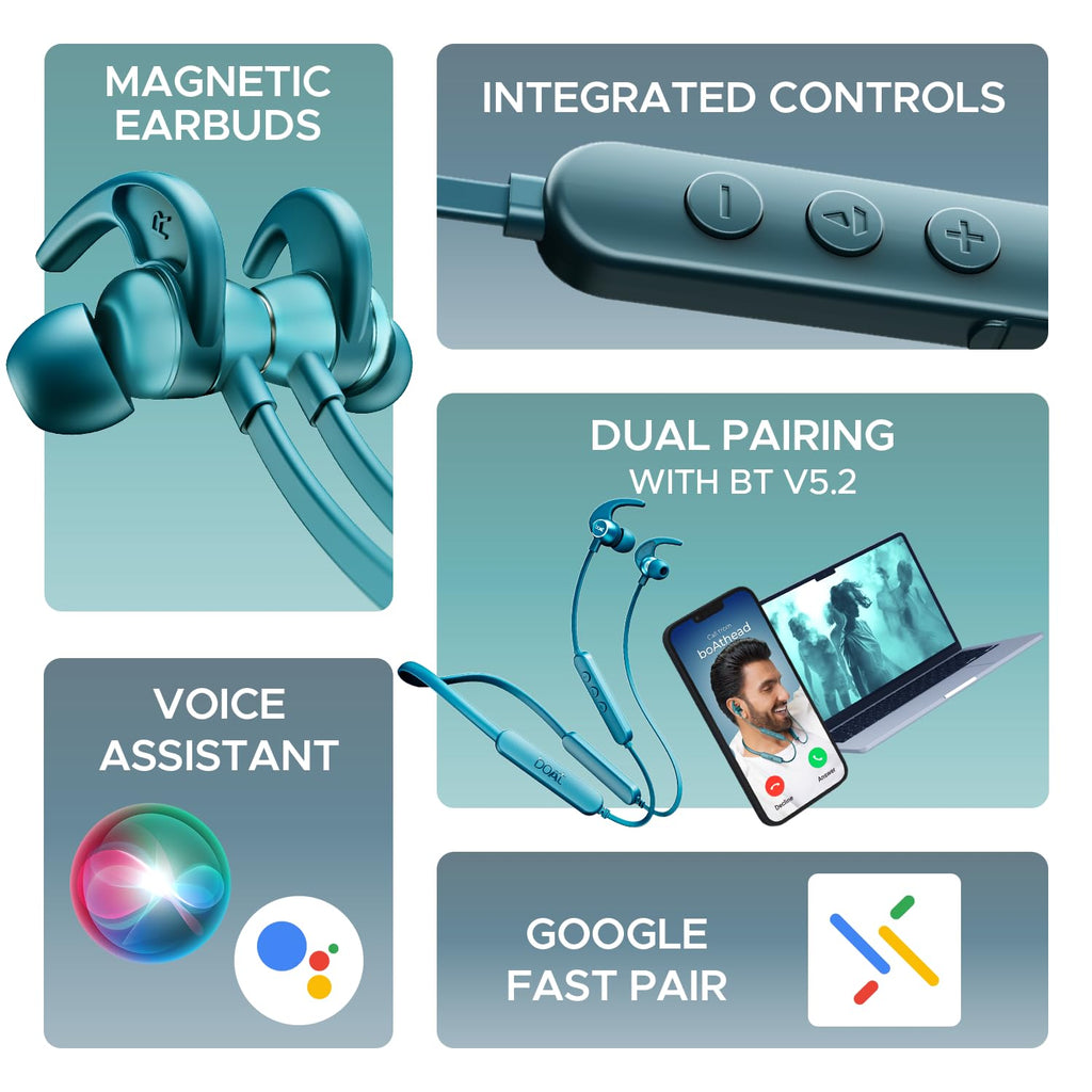 boAt Rockerz 255 Pro+, 60H Battery, Fast Charge, IPX7, Dual Pair,Low Latency,Magnetic Buds, App Support, in Ear Bluetooth Neckband, Wireless with Mic Earphones (Teal Grey)