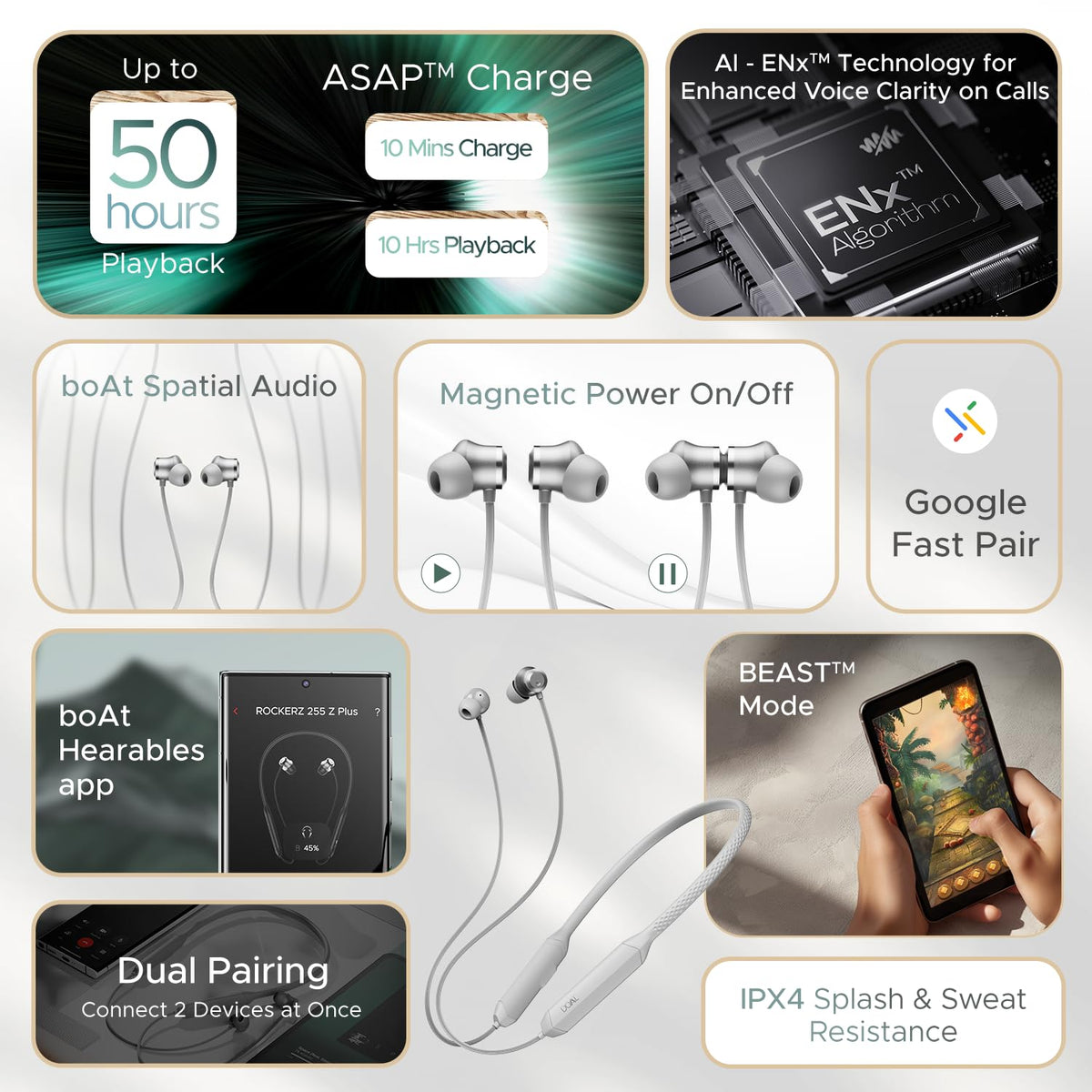 boAt Rockerz 255 Z Plus, AI-Enx Tech,Spatial Audio,50HRS Battery,Low Latency Mode,Fast Charge,Stream Ad Free Music via App Support, Bluetooth Neckband,Wireless with Mic in Ear Earphones (Slate Grey)