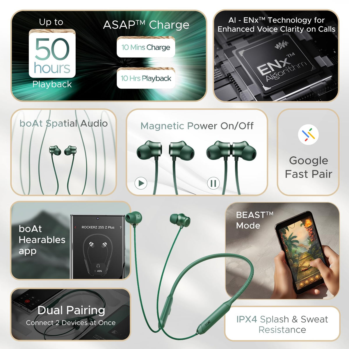 boAt Rockerz 255 Z Plus, AI-Enx Tech,Spatial Audio,50HRS Battery,Low Latency Mode,Fast Charge,Stream Ad Free Music via App Support, Bluetooth Neckband,Wireless with Mic in Ear Earphones (Pine Green)