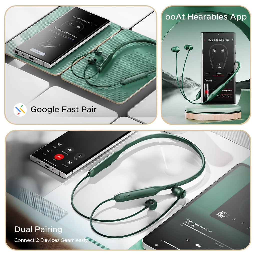boAt Rockerz 255 Z Plus, AI-Enx Tech,Spatial Audio,50HRS Battery,Low Latency Mode,Fast Charge,Stream Ad Free Music via App Support, Bluetooth Neckband,Wireless with Mic in Ear Earphones (Pine Green)