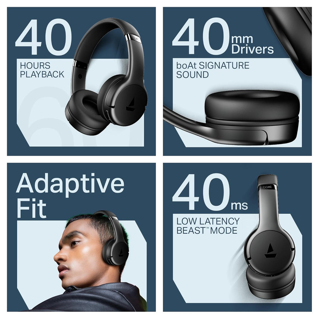 boAt Rockerz 411, 40Ms Low Latency, 40Hrs Battery, 40Mm Drivers, ENx Tech, App Support, Bluetooth Headphones, Wireless Over Ear Headphone with Mic (Active Black)