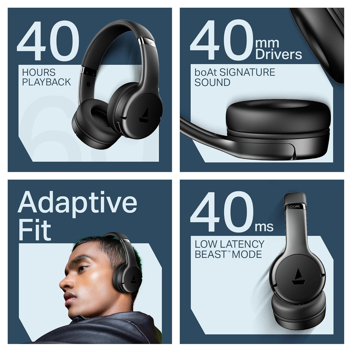 boAt Rockerz 411, 40Ms Low Latency, 40Hrs Battery, 40Mm Drivers, ENx Tech, App Support, Bluetooth Headphones, Wireless Over Ear Headphone with Mic (Active Black)