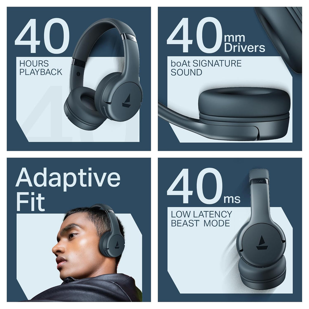 boAt Rockerz 411, 40Ms Low Latency, 40Hrs Battery, 40Mm Drivers, ENx Tech, App Support, Bluetooth Headphones, Wireless Over Ear Headphone with Mic (Bold Blue)