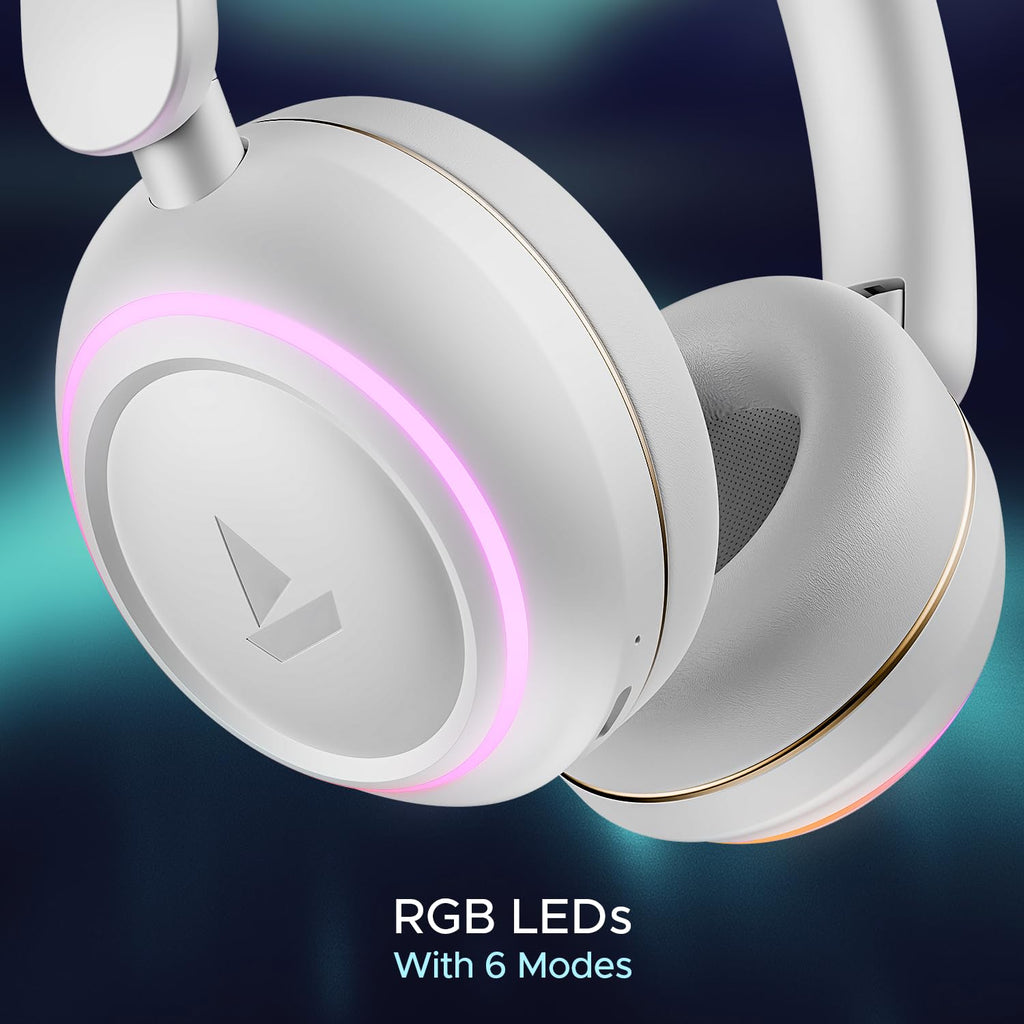 boAt Rockerz 480, RGB LEDs,6 Light Modes, 40mm Drivers,Beast Mode, 60H Battery, ENx Tech, App Support, Bluetooth Headphones, Wireless Over Ear Headphone with Mic (White Sabre)