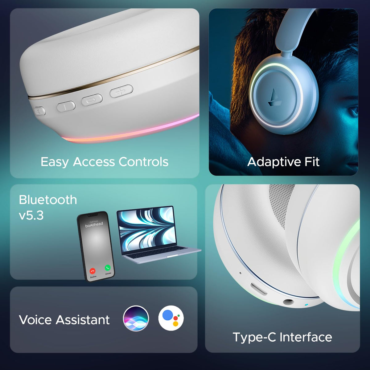 boAt Rockerz 480, RGB LEDs,6 Light Modes, 40mm Drivers,Beast Mode, 60H Battery, ENx Tech, App Support, Bluetooth Headphones, Wireless Over Ear Headphone with Mic (White Sabre)