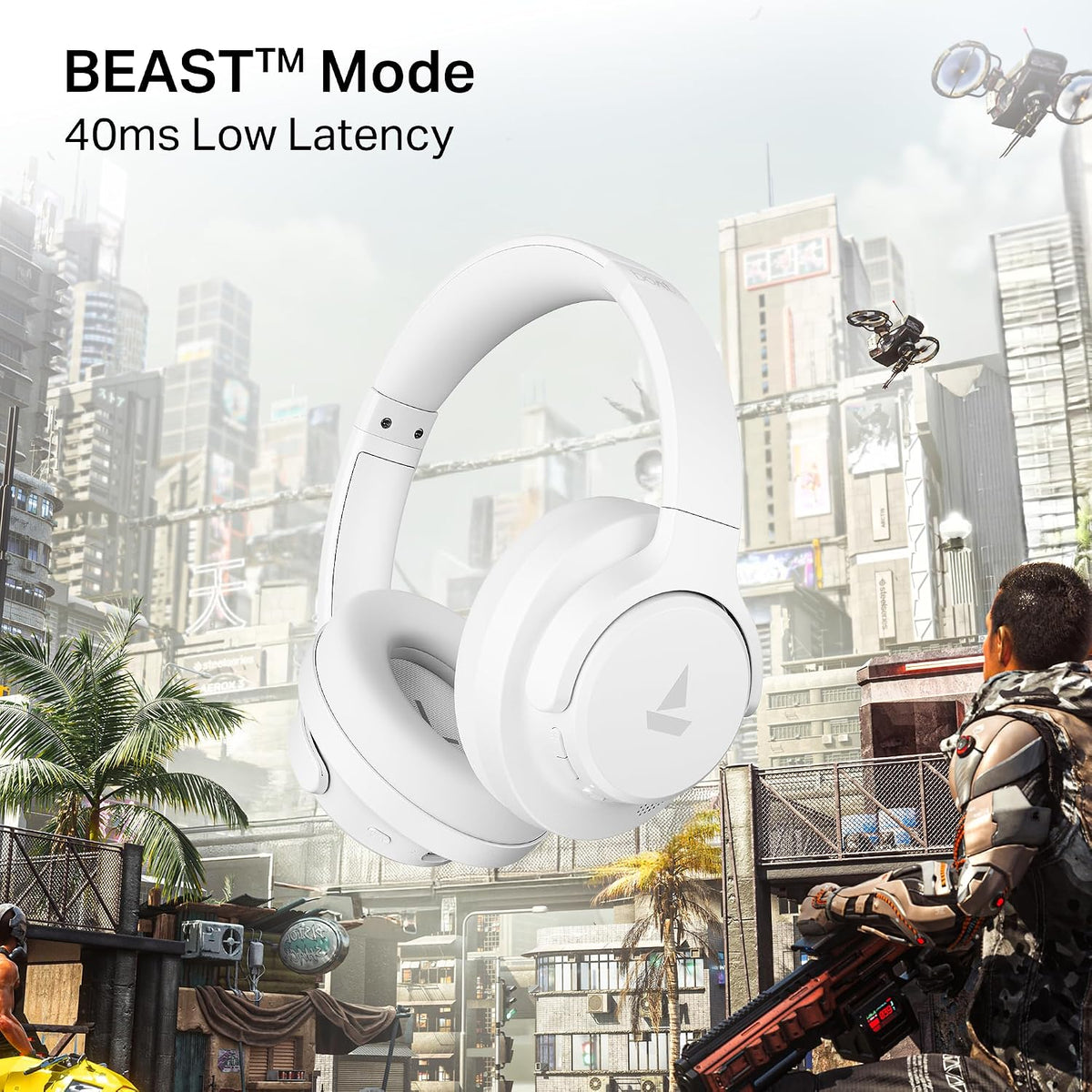 boAt Rockerz 512 ANC, 40Db Hybrid ANC, 80Hrs Playback, 40Mm Drivers, 40Ms Latency Beast Mode, Enx Tech, App Support, Over Ear Bluetooth Headphones, Wireless Headphone with Mic (Bold White)