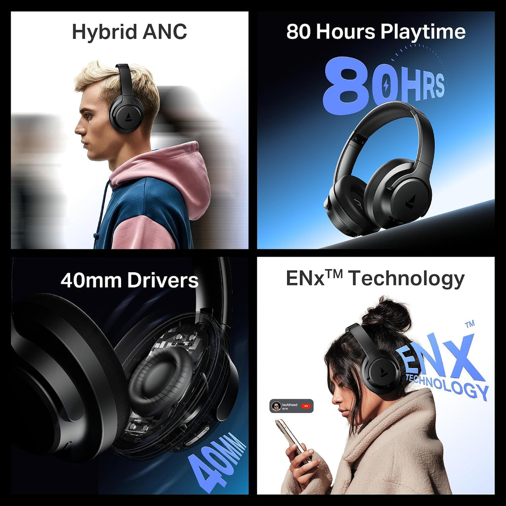 boAt Rockerz 512 ANC,(~40dB) Hybrid ANC, 80H Battery, 40mm Drivers, 40ms Low Latency, ENx Tech, App Support, Bluetooth Headphones, Wireless Headphone with Mic (Cosmic Black)
