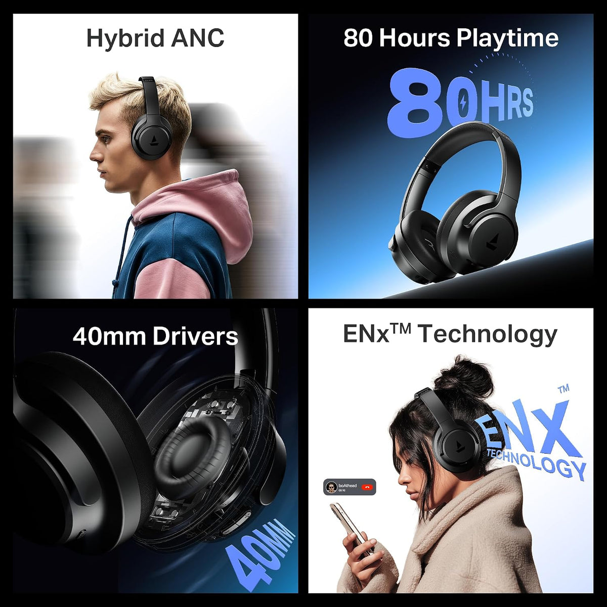boAt Rockerz 512 ANC,(~40dB) Hybrid ANC, 80H Battery, 40mm Drivers, 40ms Low Latency, ENx Tech, App Support, Bluetooth Headphones, Wireless Headphone with Mic (Cosmic Black)