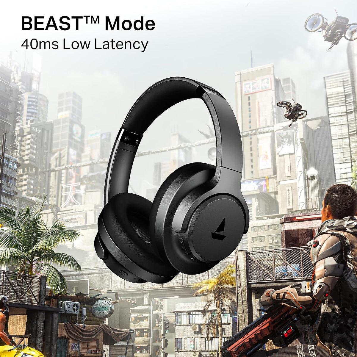 boAt Rockerz 512 ANC,(~40dB) Hybrid ANC, 80H Battery, 40mm Drivers, 40ms Low Latency, ENx Tech, App Support, Bluetooth Headphones, Wireless Headphone with Mic (Cosmic Black)