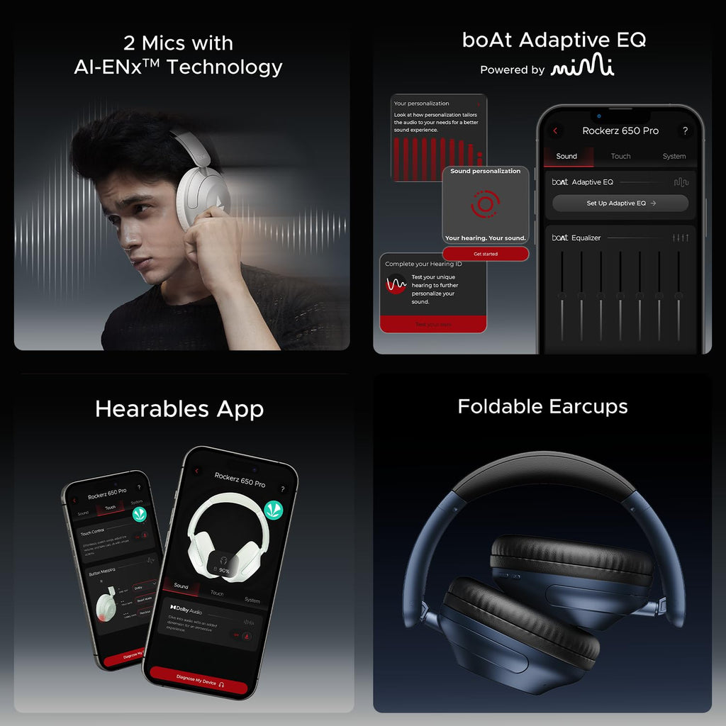 boAt Rockerz 650 Pro, Touch/Swipe Controls, Dolby Audio, 80Hrs Battery, 2Mics ENx, Fast Charge, App Support, Dual Pair, Bluetooth Over Ear Headphones with Mic (Iris Black)
