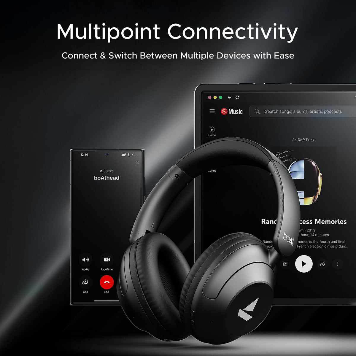 boAt Rockerz 650 Pro, Touch/Swipe Controls, Dolby Audio, 80Hrs Battery, 2Mics ENx, Fast Charge, App Support, Dual Pair, Bluetooth Over Ear Headphones with Mic (Iris Black)