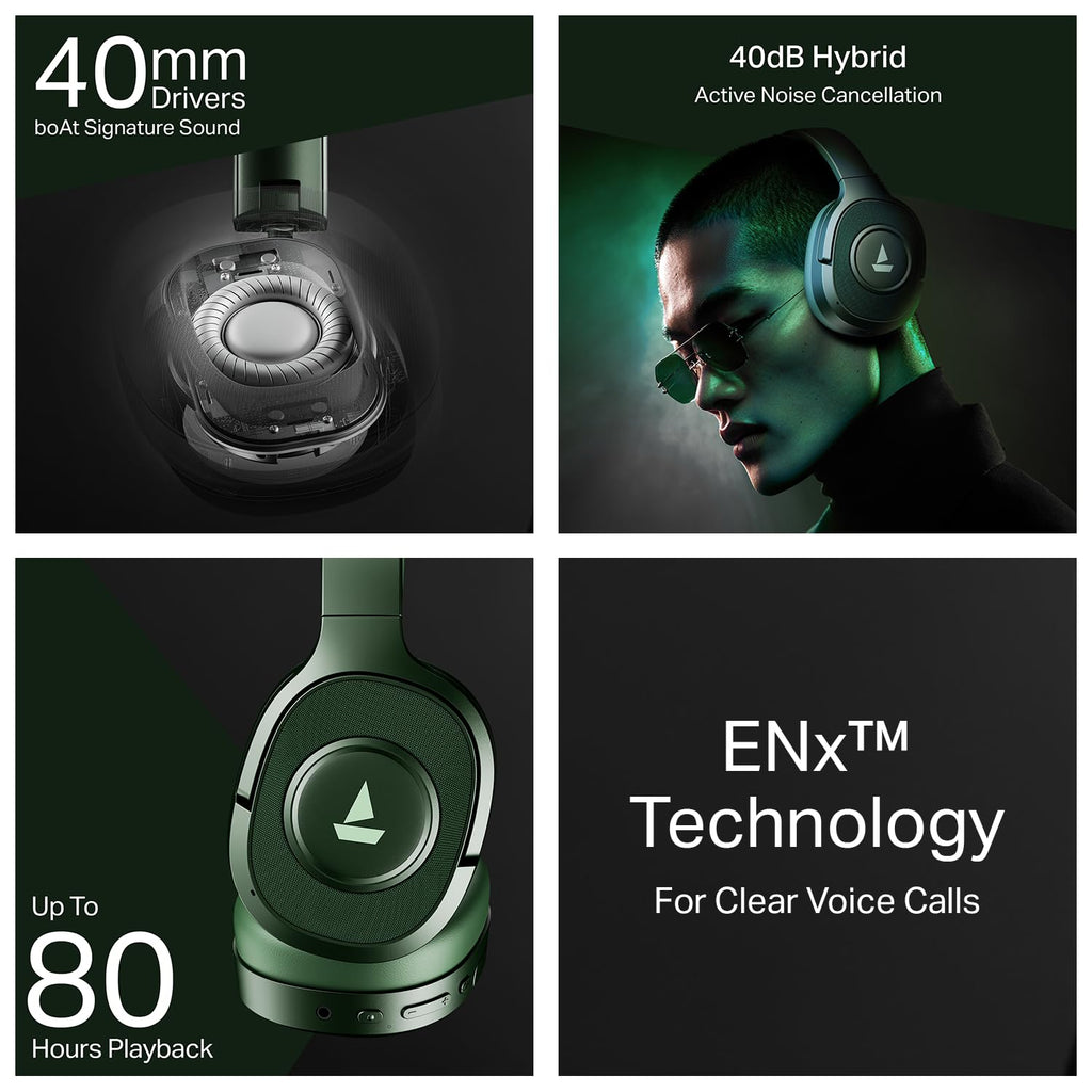 boAt Rockerz Plus 550 ANC, (~40dB) Hybrid ANC, 80Hrs Playback, 40ms Low Latency Beast Mode, 40mm Drivers, BT v5.4, Bluetooth Headphones, Wireless Headphone with Mic (Green Militia)