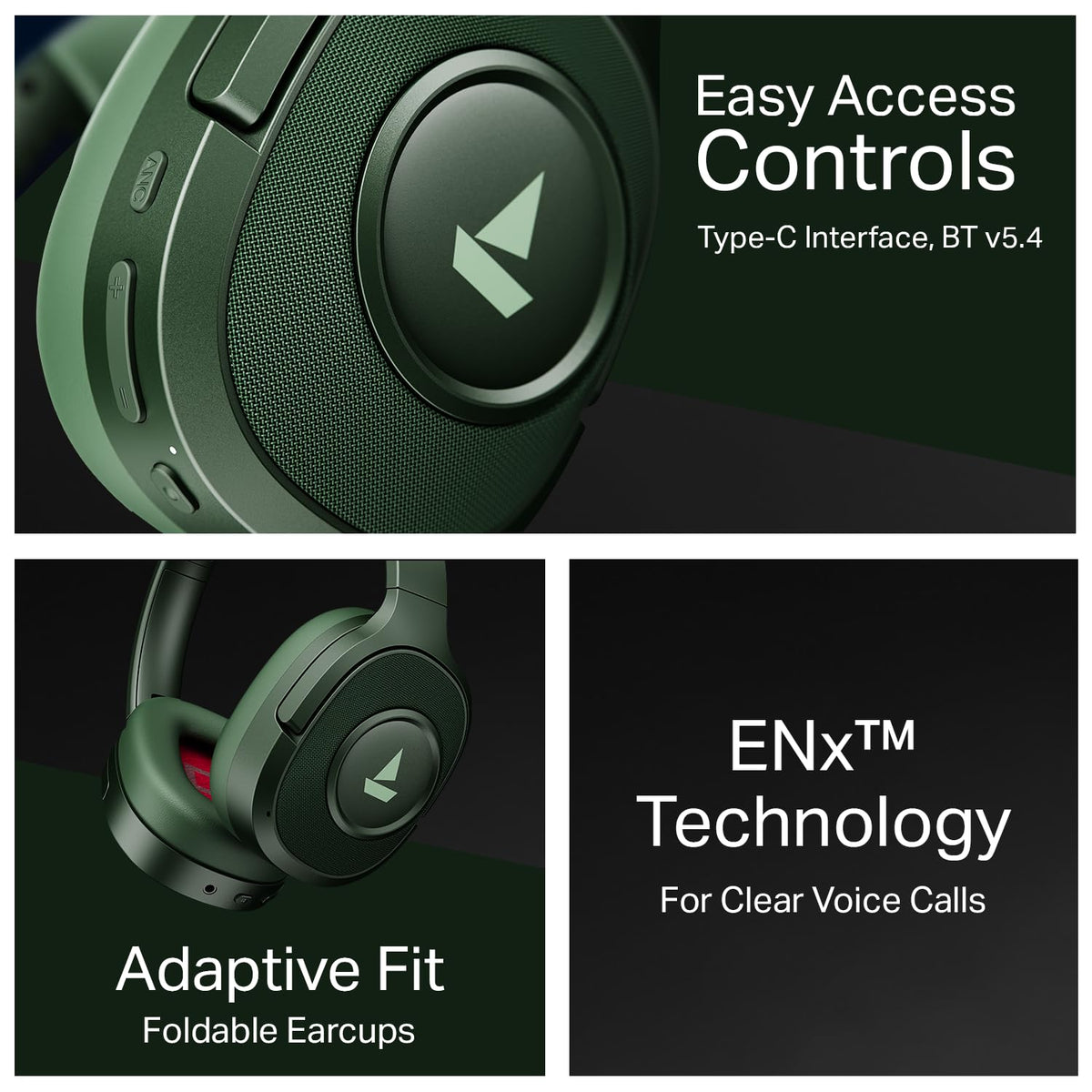 boAt Rockerz Plus 550 ANC, (~40dB) Hybrid ANC, 80Hrs Playback, 40ms Low Latency Beast Mode, 40mm Drivers, BT v5.4, Bluetooth Headphones, Wireless Headphone with Mic (Green Militia)
