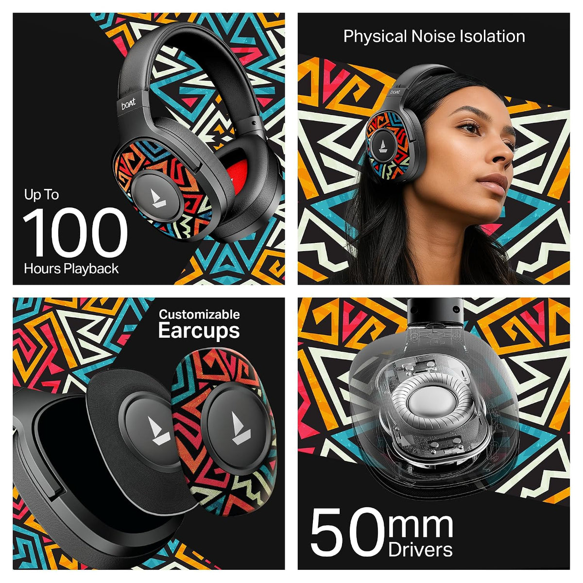 boAt Rockerz Plus 550, Customizable Earcups, 100H Battery, 50mm Drivers, Dual Pair, App Support, Bluetooth Headphones, Wireless Headphone with Mic (Black Psyche)