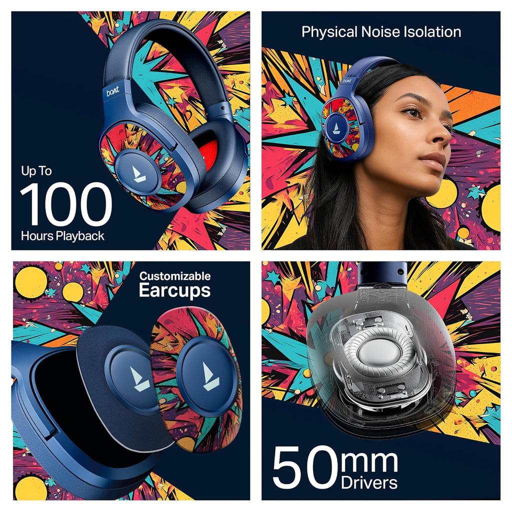 boAt Rockerz Plus 550, Customizable Earcups, 100H Battery, 50mm Drivers, Dual Pair, Stream Ad Free Music via App Support, Bluetooth Headphones, Wireless Headphone with Mic (Blue Psyche)